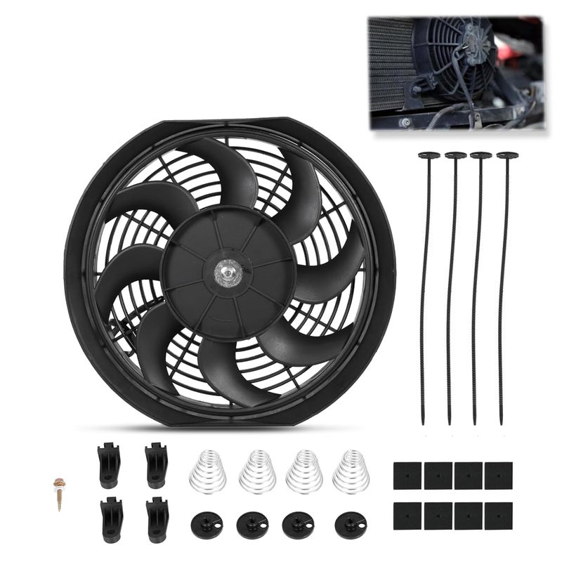 BETTERCLOUD Universal 12 Inch Black Slim Radiator Cooling Fan 12V 80W Push Pull with Mount Kit – Fits Radiators for Vehicles, Cars, Trucks - Image 1